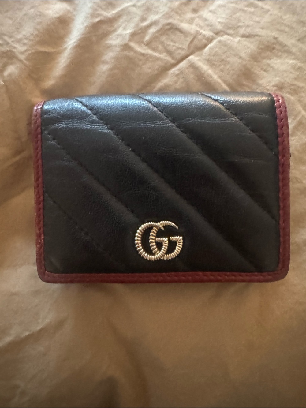 Gucci Black Quilted Wallet with Burgundy Trim and Gold GG